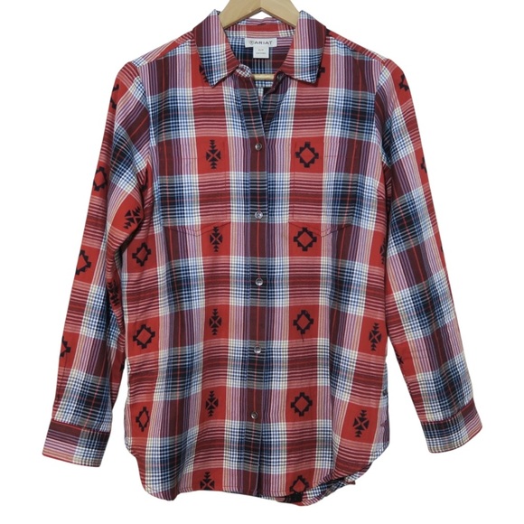 Ariat Button Down Shirt Plaid Embroidered Long Sleeve Southwestern Country Small - Picture 1 of 11